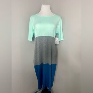 LuLaRoe Julia Dress Blue and Gray Color Block Midi Form Fitting